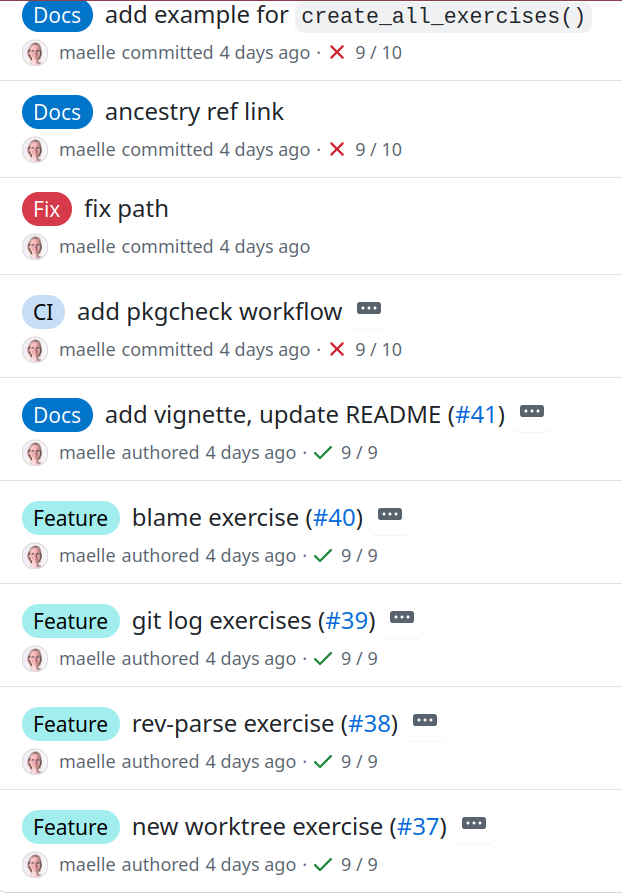 Screenshot of commits on saperlipopette's GitHub repo where each type of commit gets a colored label, e.g. 'docs' or 'feature'