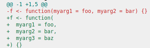 diff where all lines are highlighted because the function was reformatted, not only complemented with one argument
