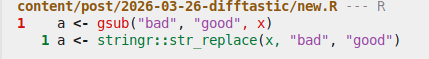 diff of the two lines of code, where 'gsub' and ', x' are in red then 'strinrr::str_replace' and 'x' in green